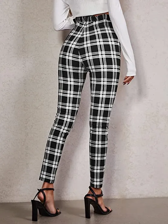 High Waist Ruffled Belted Black & White Plaid Paper Bag Pants