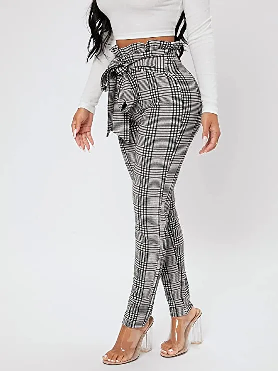 High Waist Ruffled Belted Black & White Plaid Paper Bag Pants