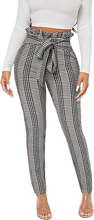 High Waist Ruffled Belted Black & White Plaid Paper Bag Pants