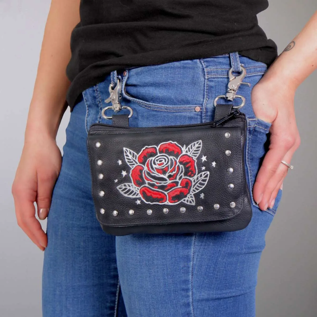 Hot Leathers CPE2103 Embroidered Clip Pouch Purse with Rose and Stars