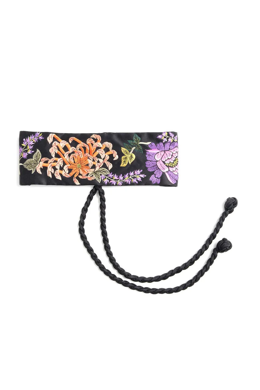 Kairaku Garden Embroidery Obi Silk Belt