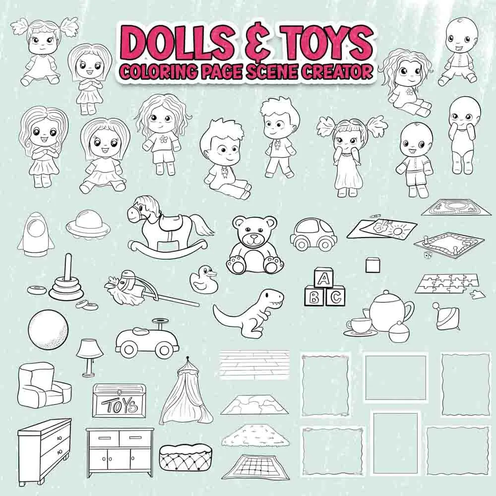 Kawaii Dolls & Toys Coloring Page Scene Creator