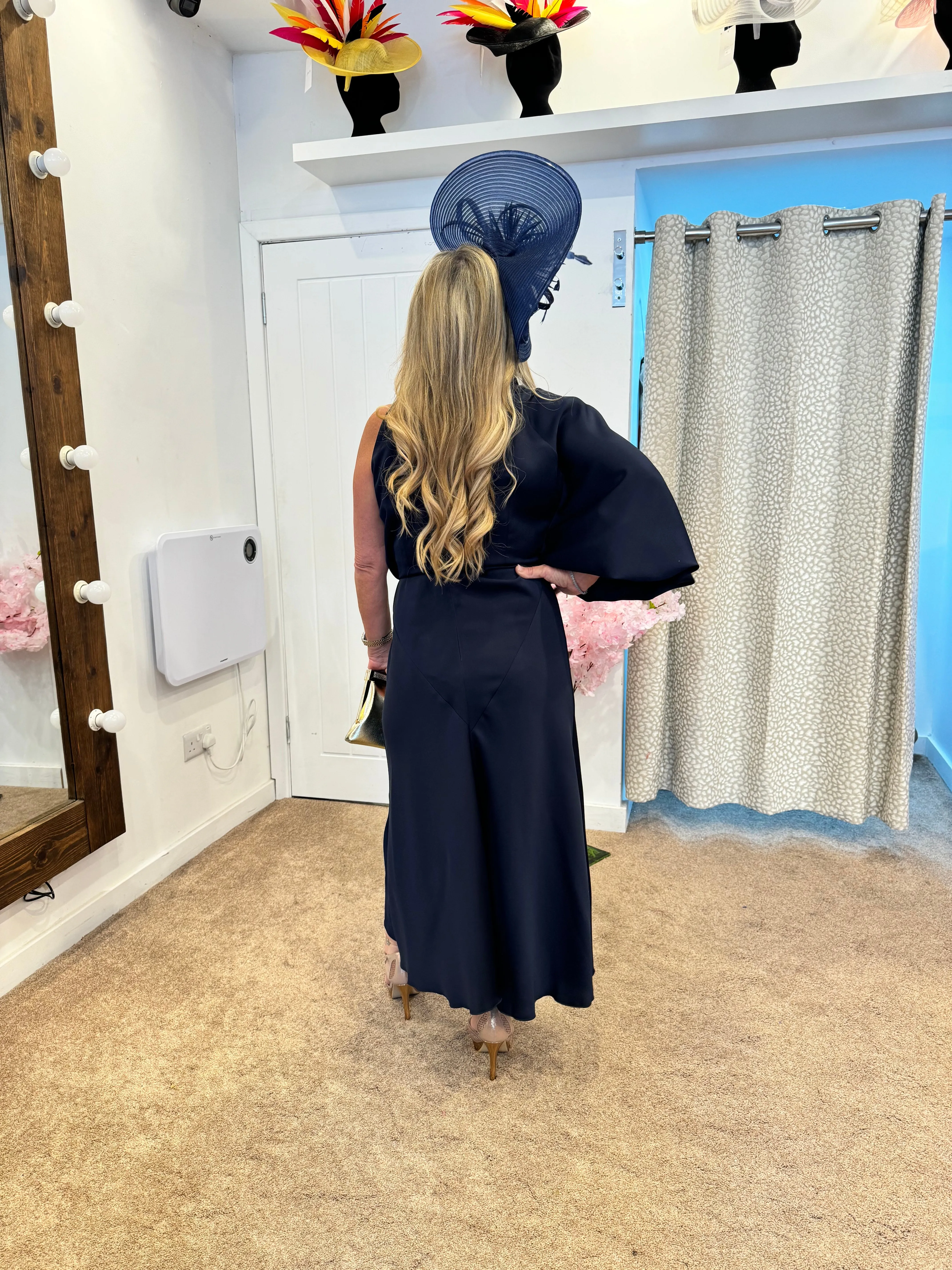 Kevan Jon Demi one shoulder drape dress in navy