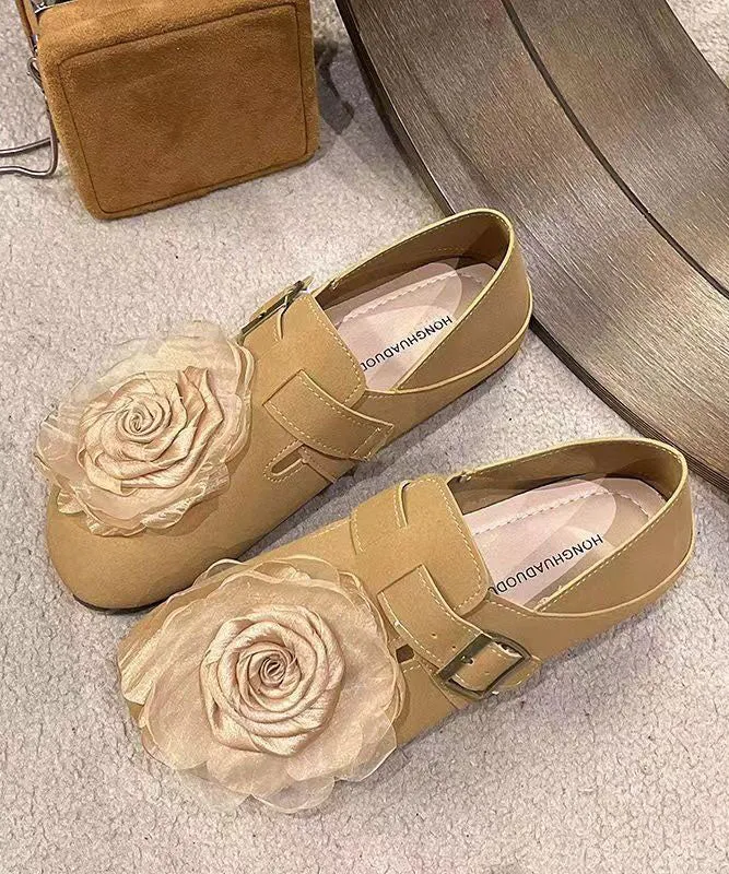 Khaki Floral Faux Leather Soft Splicing Flat Shoes For Women DD1065