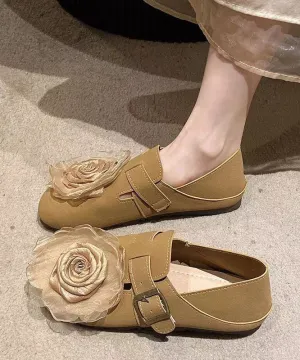 Khaki Floral Faux Leather Soft Splicing Flat Shoes For Women DD1065