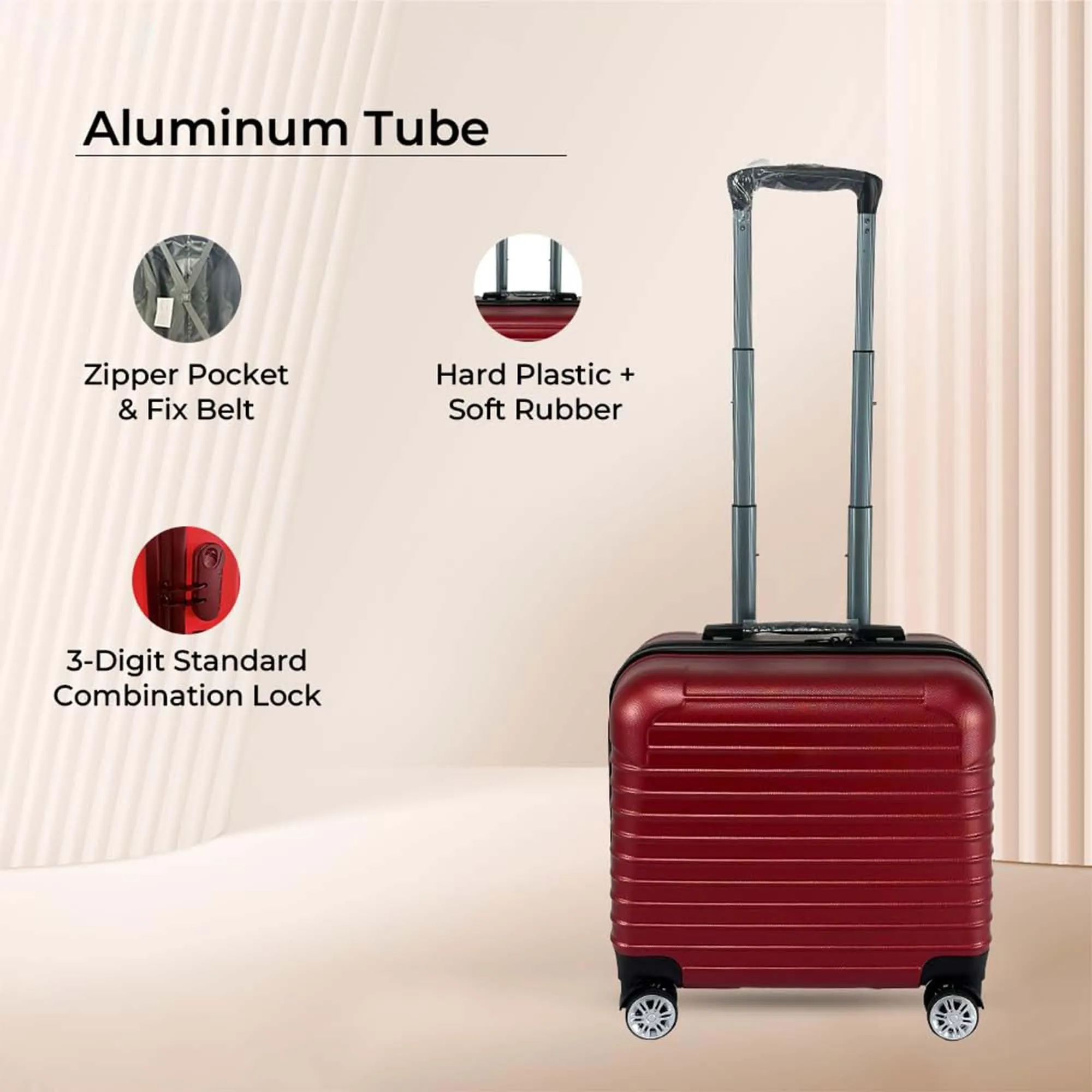 Kuber Industries 16inch Strong & Lightweight Cabin Trolley Bags with 360 Degree Rotating Wheels | Expandable Carry-On Cabin Luggage Suitcase | Bags for Travelling | Red