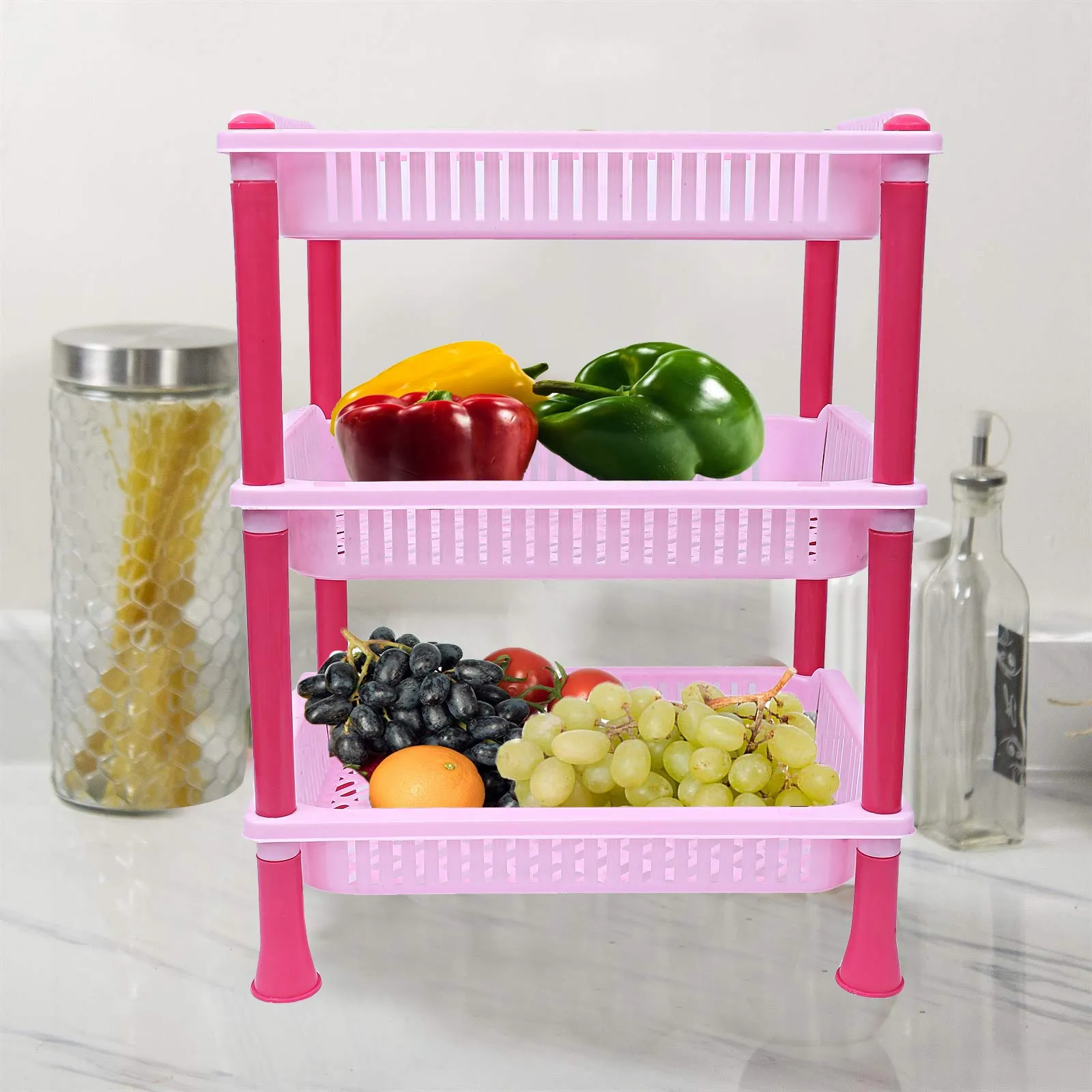 Kuber industries Plastic 2 Pieces 3 Layer Multi-Purpose Kitchen Storage Basket Rack (Pink)-CTKTC13245