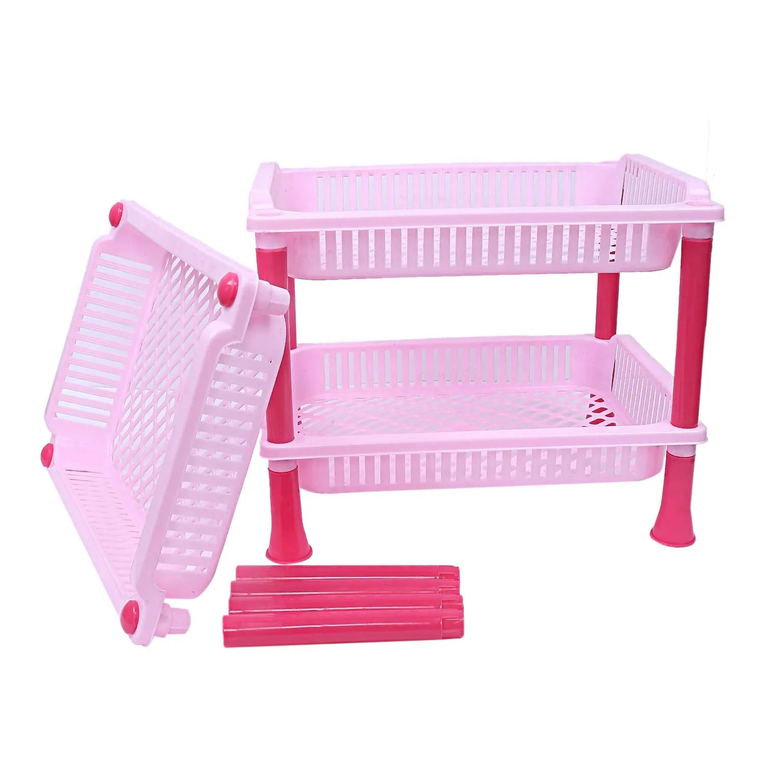 Kuber industries Plastic 2 Pieces 3 Layer Multi-Purpose Kitchen Storage Basket Rack (Pink)-CTKTC13245