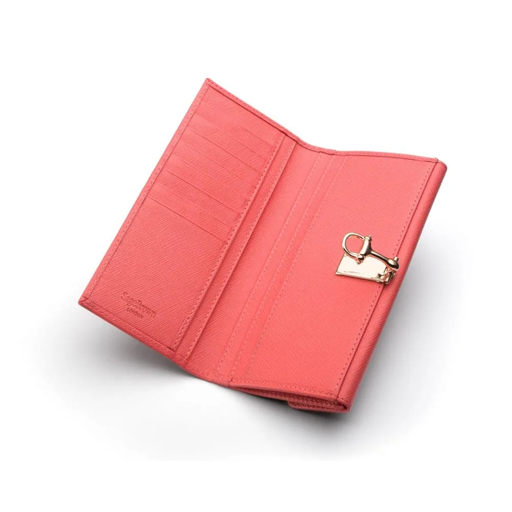 Ladies Tall Leather Purse With Brass Clasp 8 CC - Salmon Pink