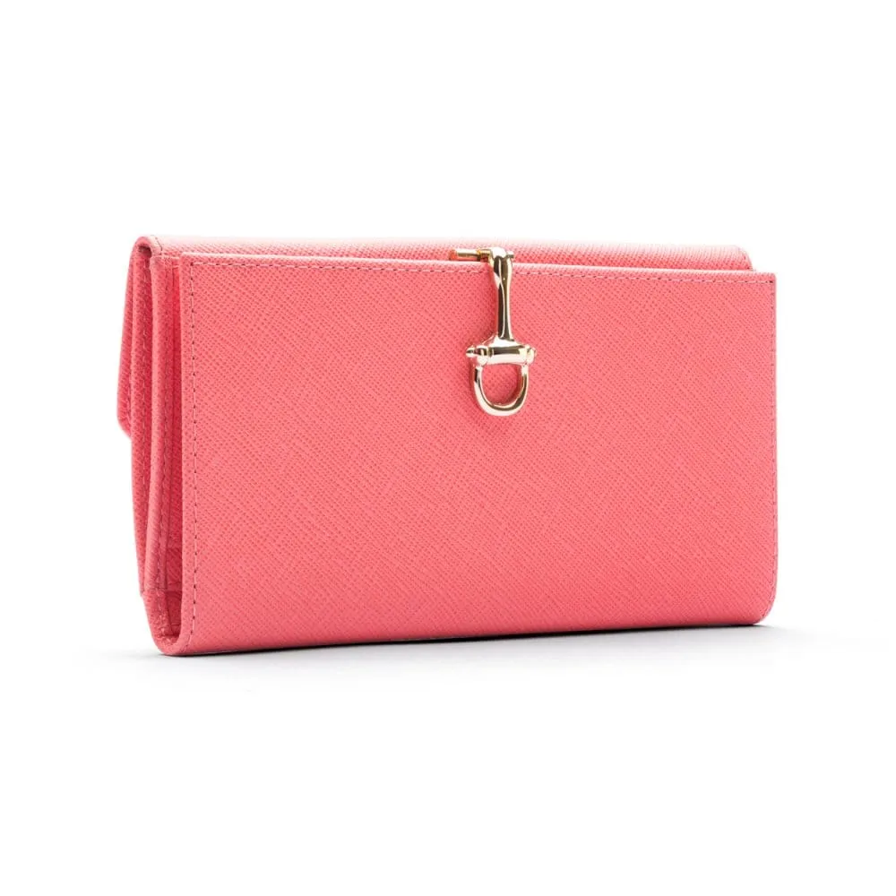 Ladies Tall Leather Purse With Brass Clasp 8 CC - Salmon Pink