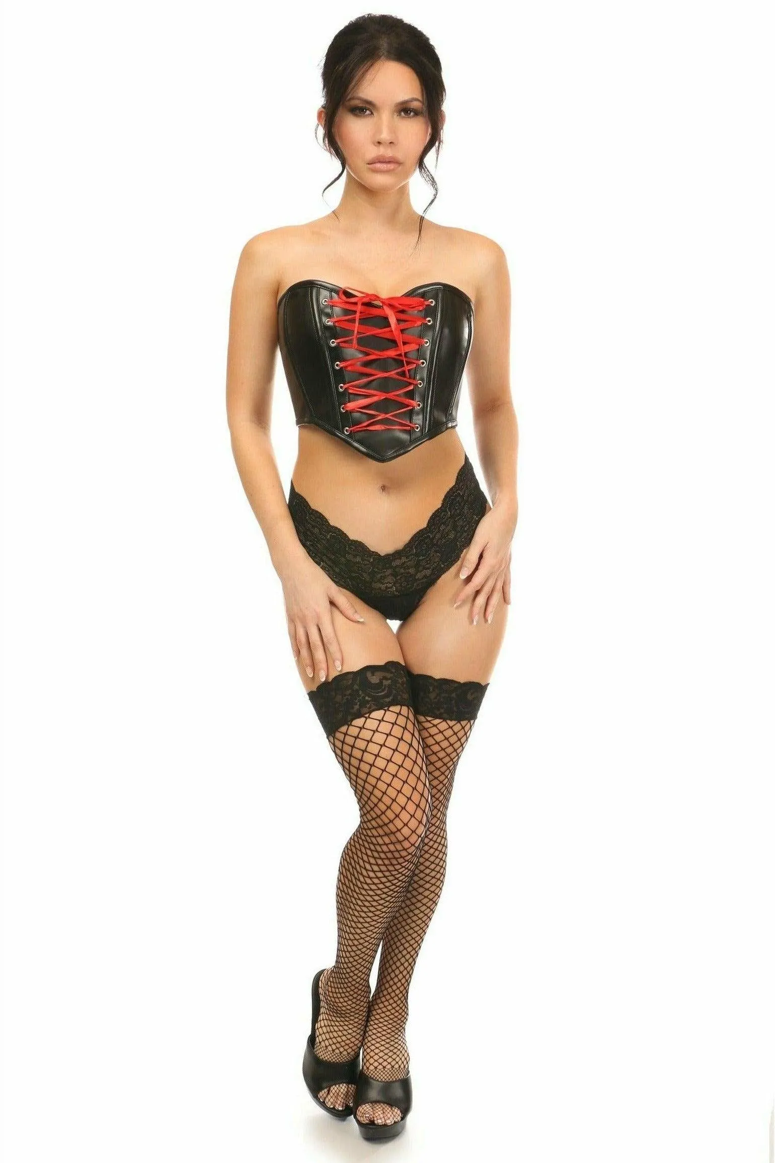 Lavish Black Faux Leather w/Red Lace-Up Bustier