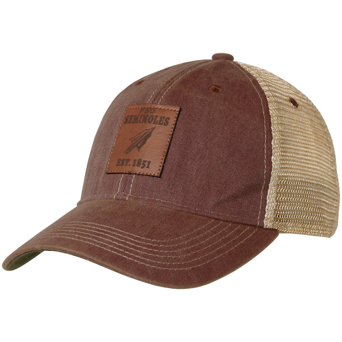 Legacy FSU Seminoles Arrowhead Leather Patch Adjustable Trucker Cap - Garnet