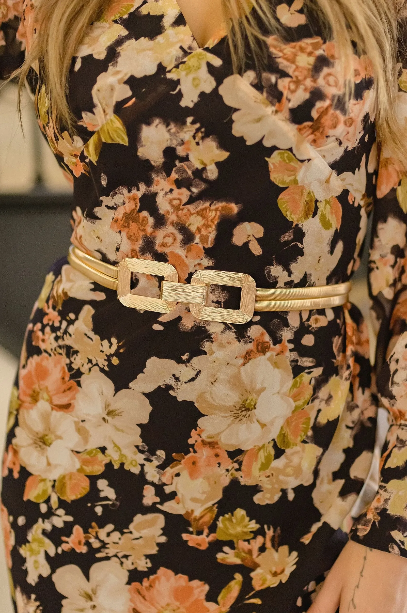 Lenny Double Square Metal Link Stretch Belt Gold