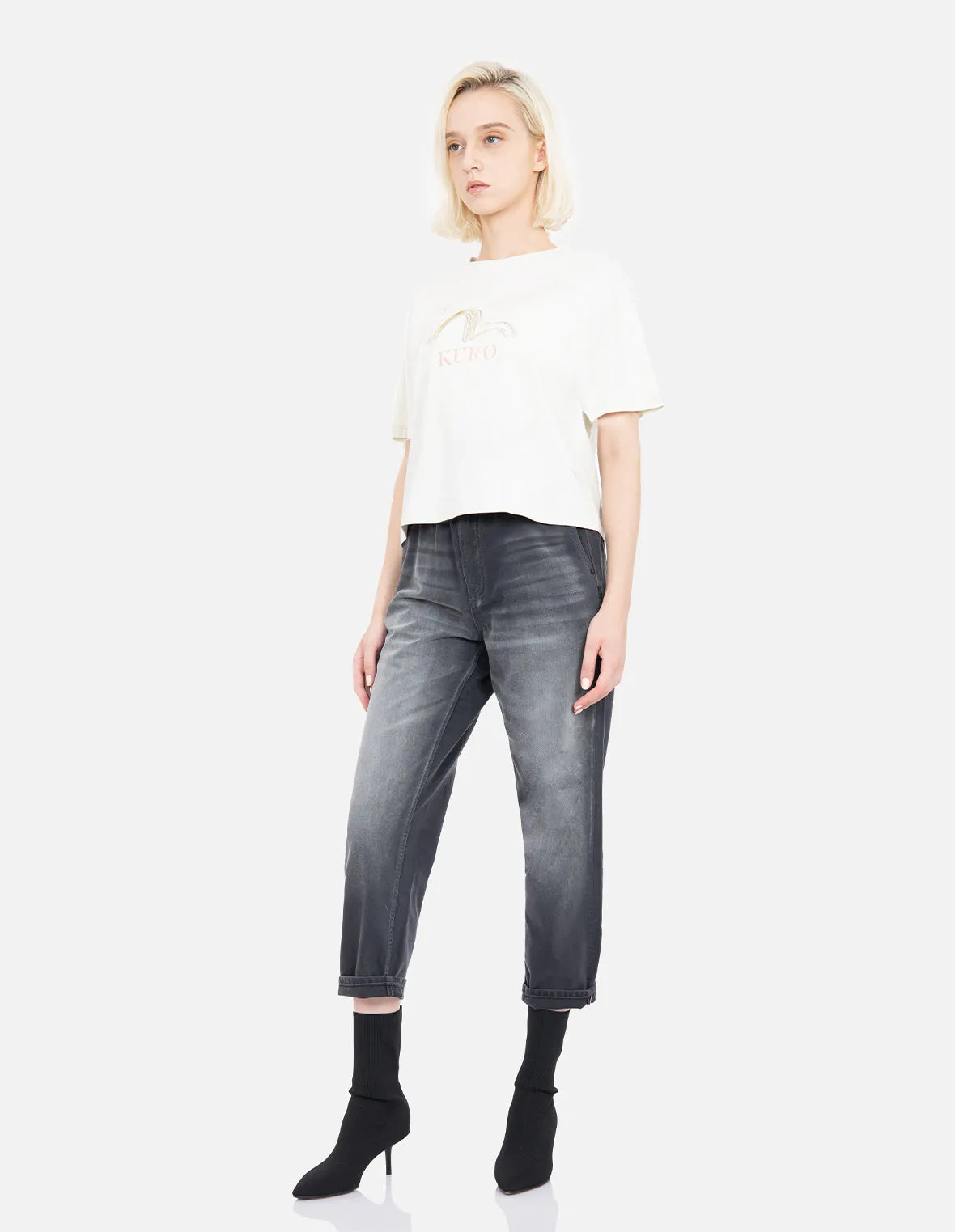 Logo Embroidered Cropped Paper Bag Jeans