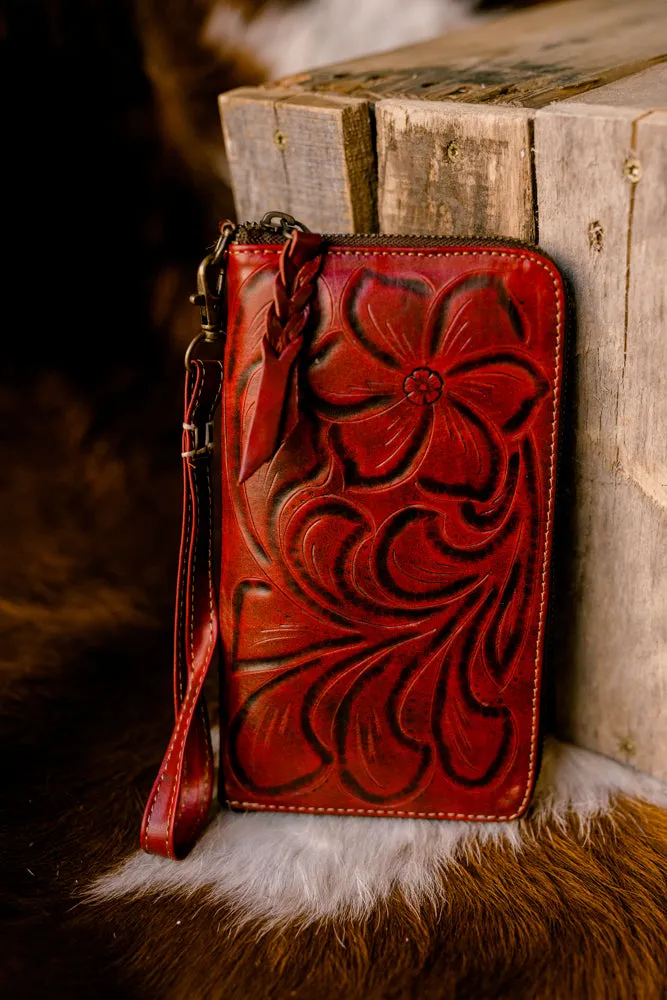 Malia Tooled Leather Organized Wristlet [Oxblood]