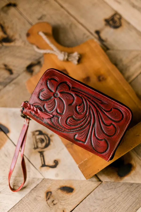 Malia Tooled Leather Organized Wristlet [Oxblood]