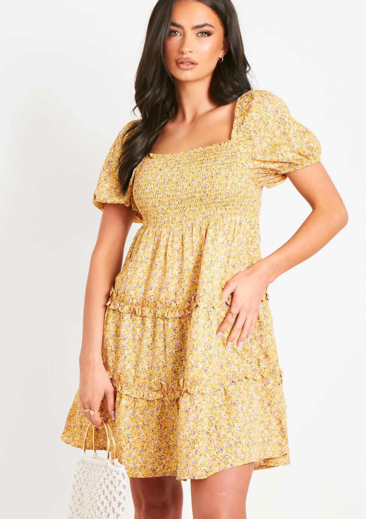 Mandy Yellow Floral Printed Mini Dress