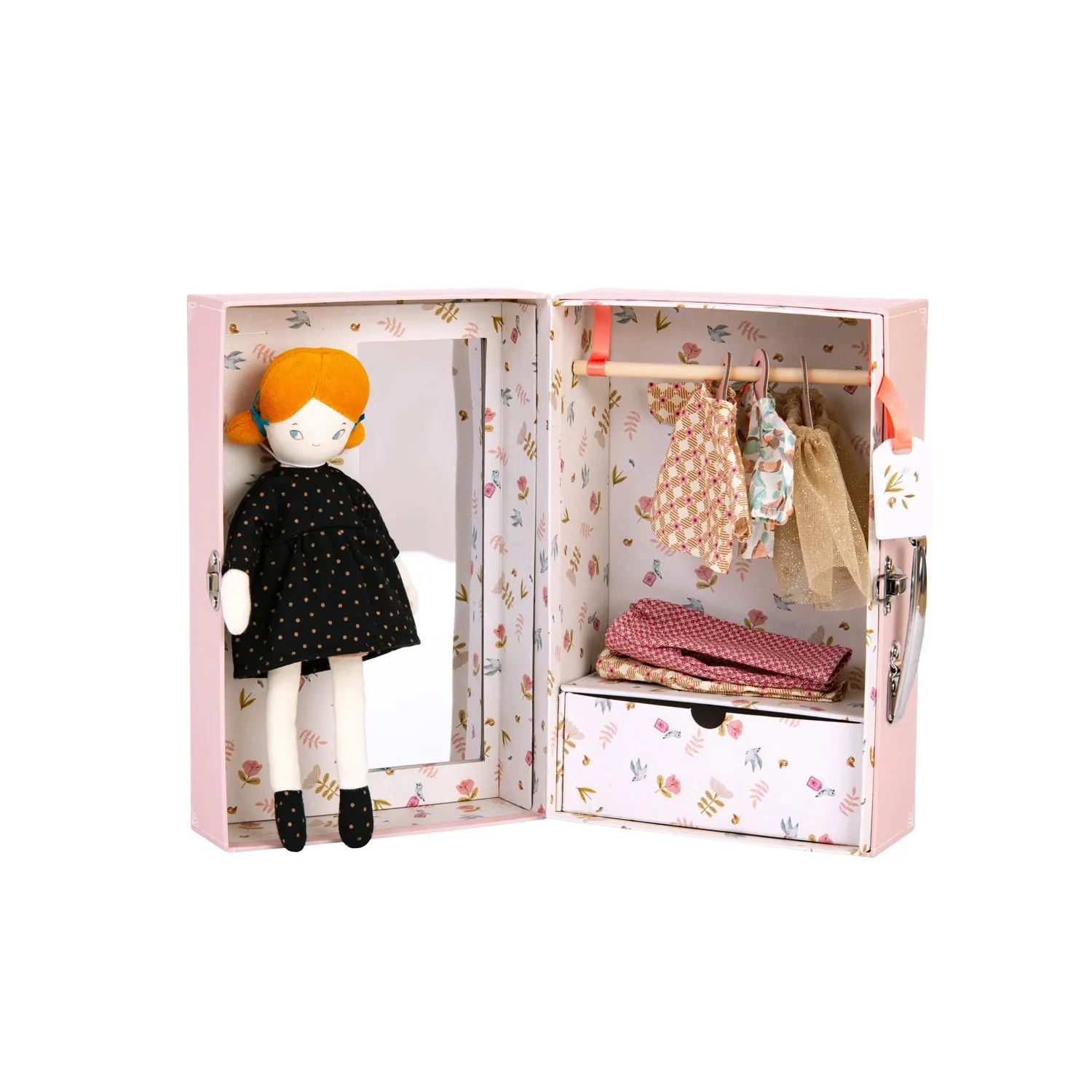 Moulin Roty Les Parisiennes Mlle Blanche's Little Wardrobe Suitcase Including Mlle Blanch Little Parisienne Girl 6 Apparels Hangers and Mirror