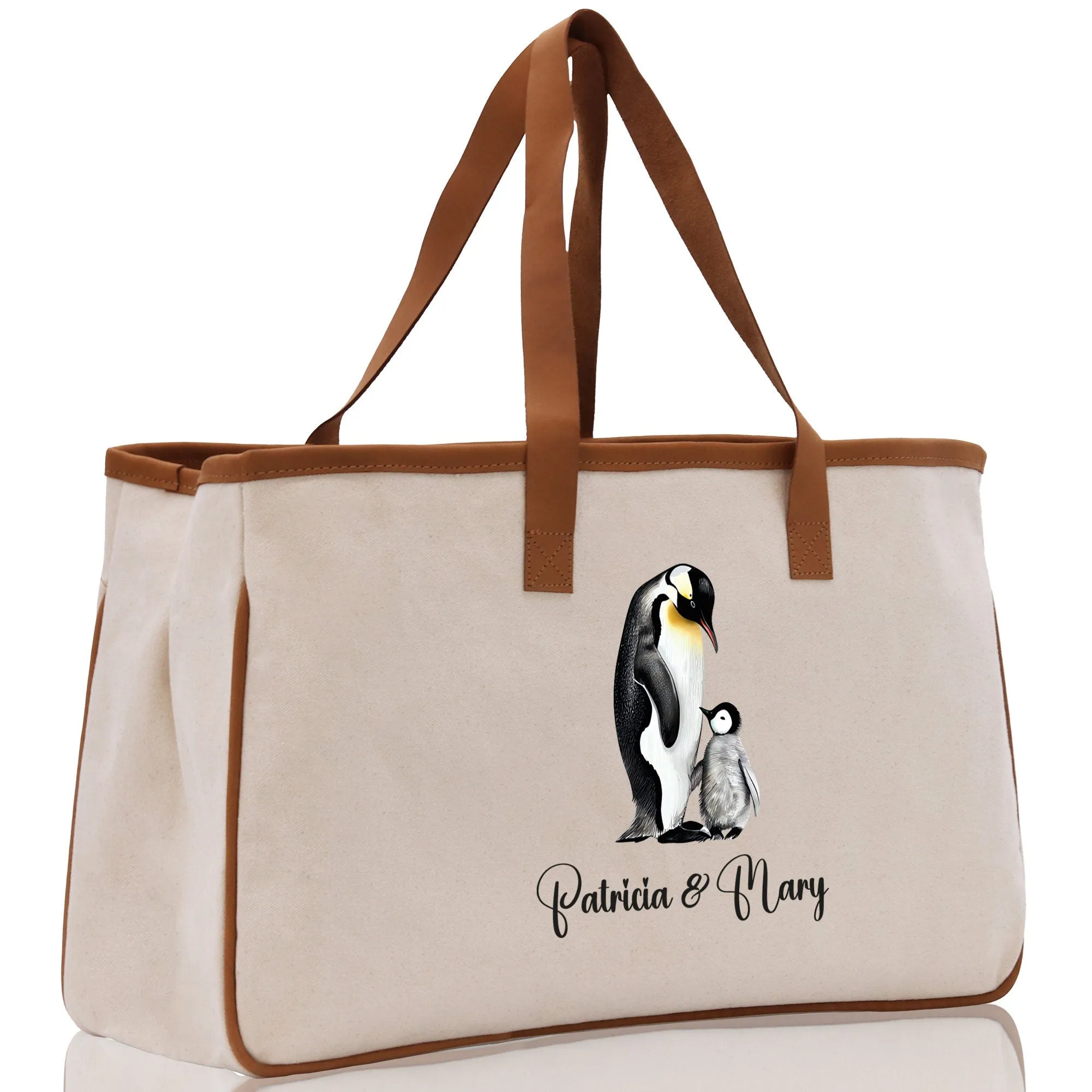 Penguin Mom And Baby Name Custom Cotton Canvas Tote Bag Custom Pet Lover Gift Pet Portrait Bag Personalized Pet Owner Gift Tote Bag