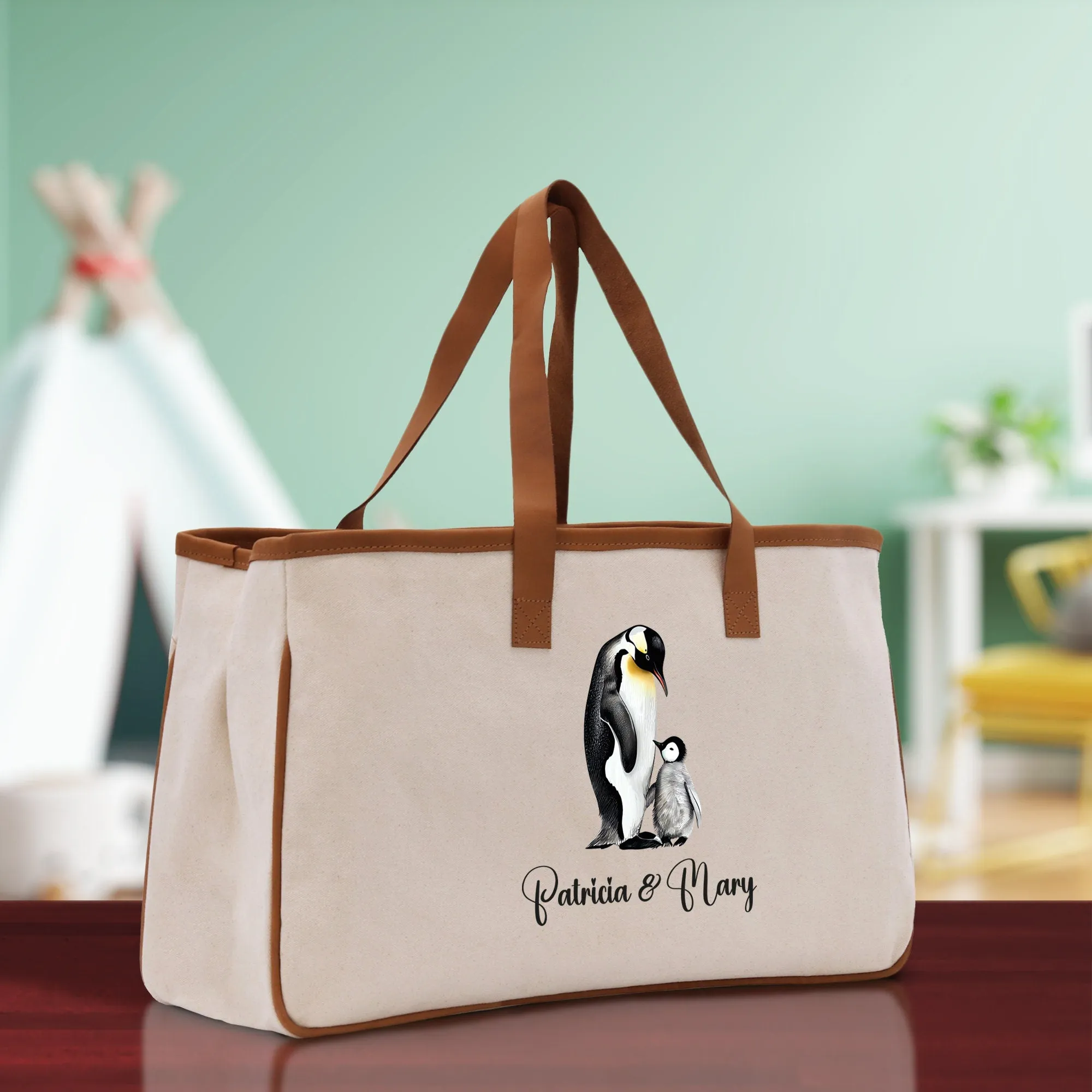 Penguin Mom And Baby Name Custom Cotton Canvas Tote Bag Custom Pet Lover Gift Pet Portrait Bag Personalized Pet Owner Gift Tote Bag