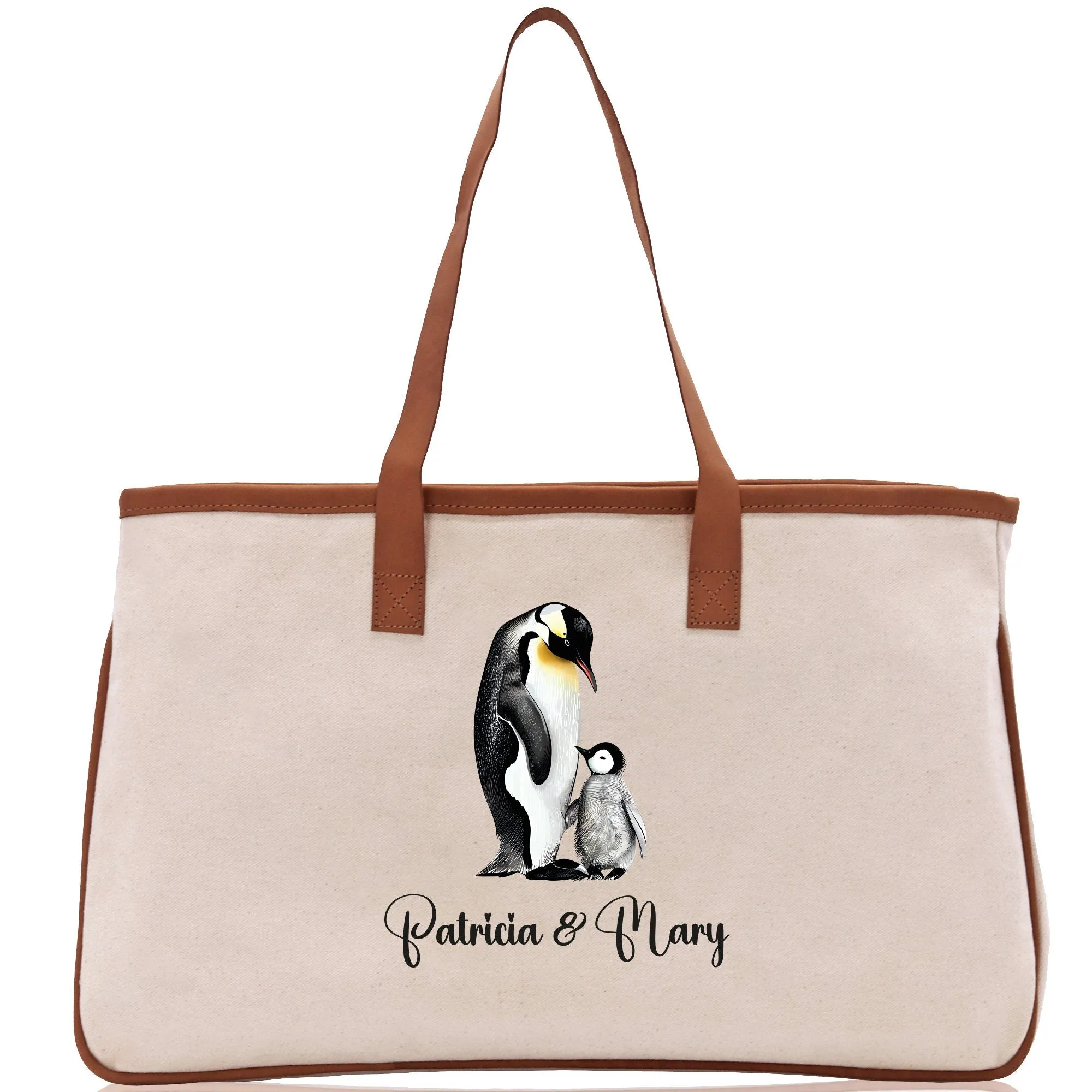 Penguin Mom And Baby Name Custom Cotton Canvas Tote Bag Custom Pet Lover Gift Pet Portrait Bag Personalized Pet Owner Gift Tote Bag