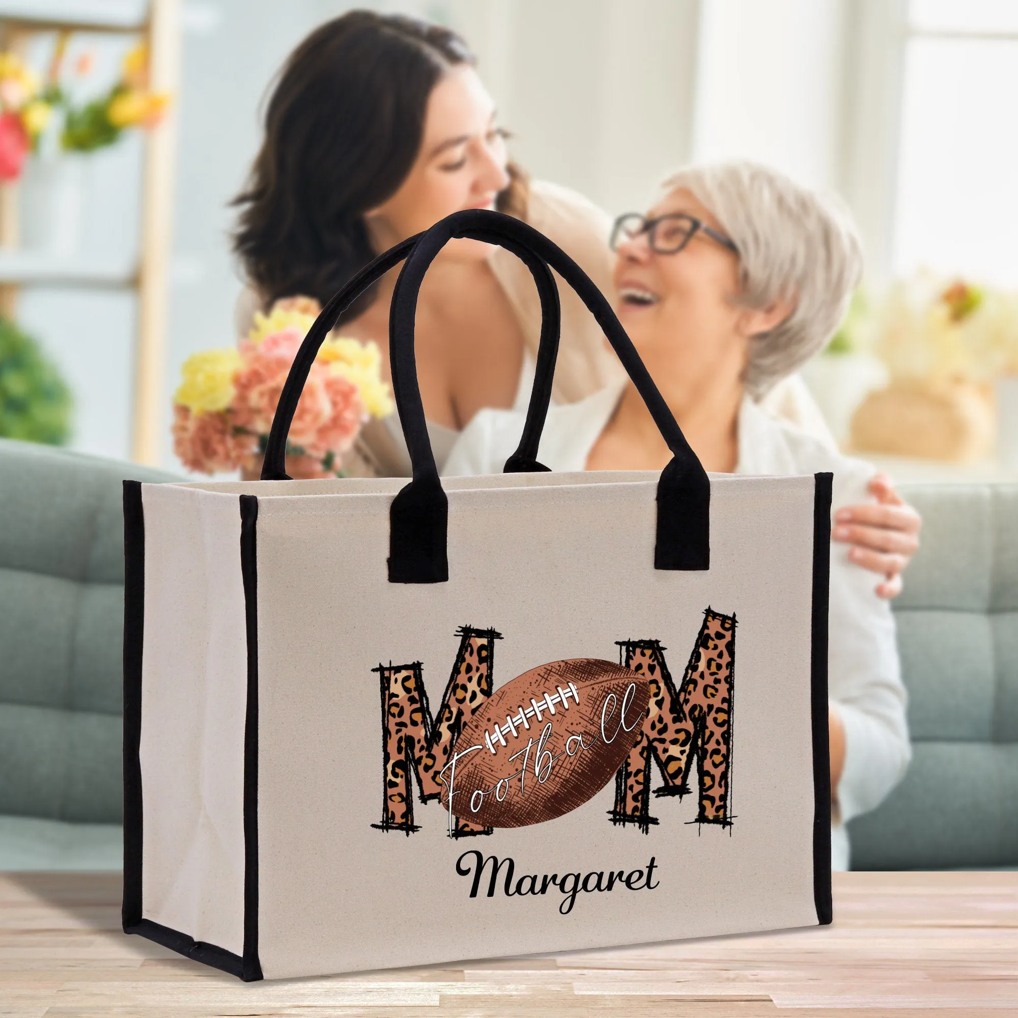 Personalized Leopard Mom Sports Cotton Canvas Tote Bag Custom Gift for Soccer Mom Tennis Mom Baseball Mom Tennis Mom Football Mom