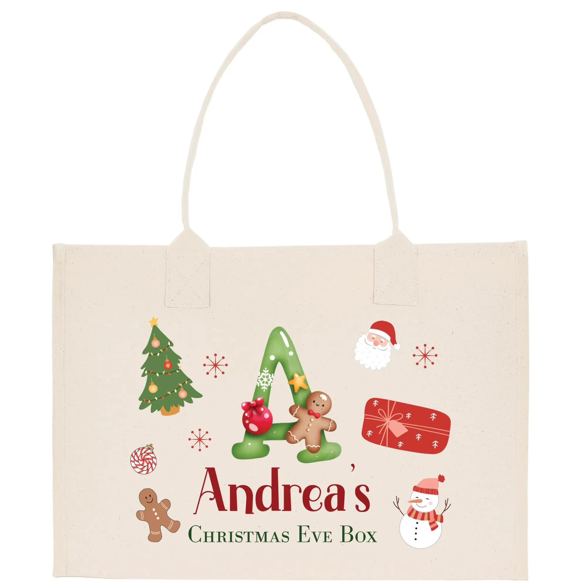 Personalized Name Christmas Cotton Canvas Large Tote Bag Custom Merry Christmas Gift Bag Xmas Party Bag Xmas Eve Gift Holiday Gift (CT1031)