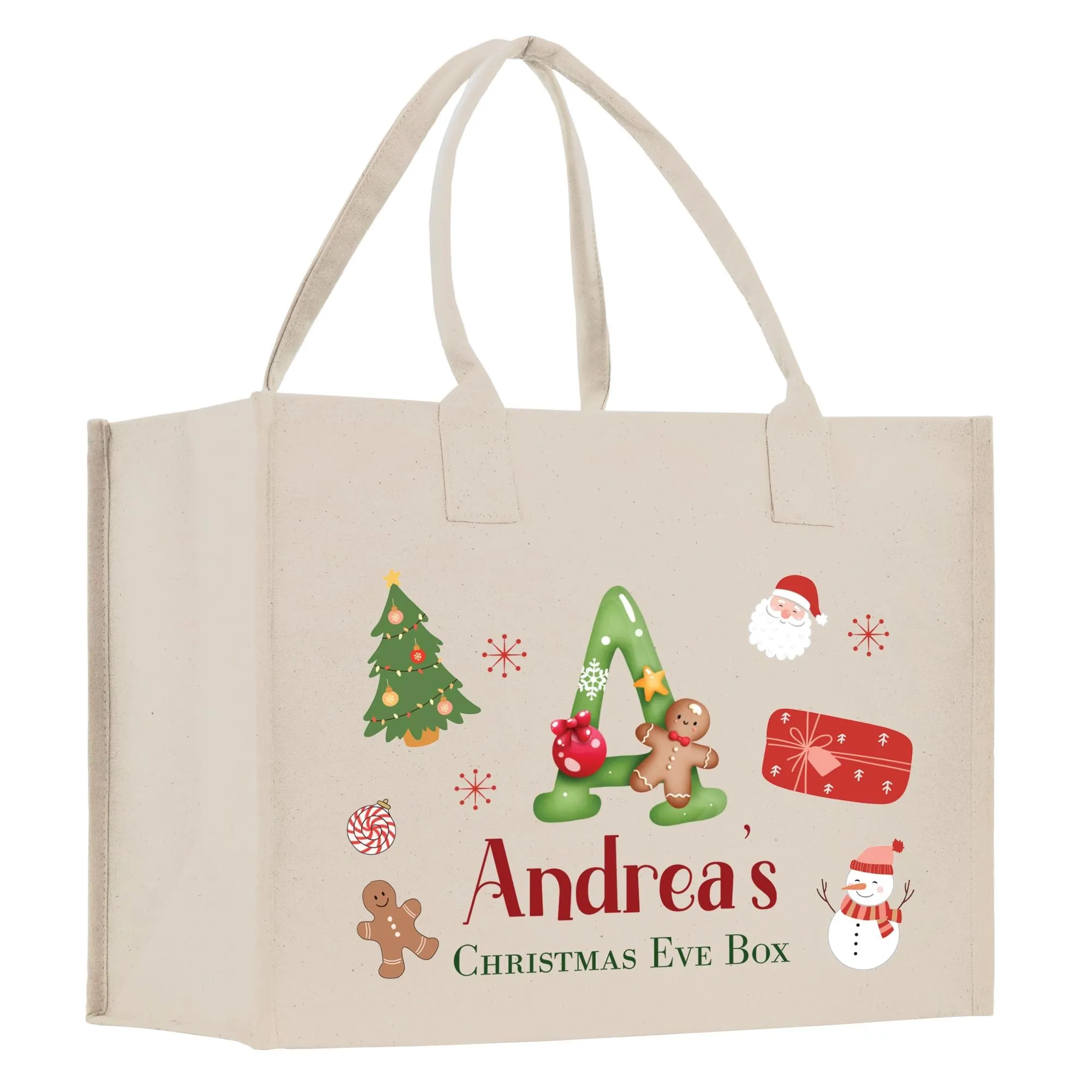 Personalized Name Christmas Cotton Canvas Large Tote Bag Custom Merry Christmas Gift Bag Xmas Party Bag Xmas Eve Gift Holiday Gift (CT1031)