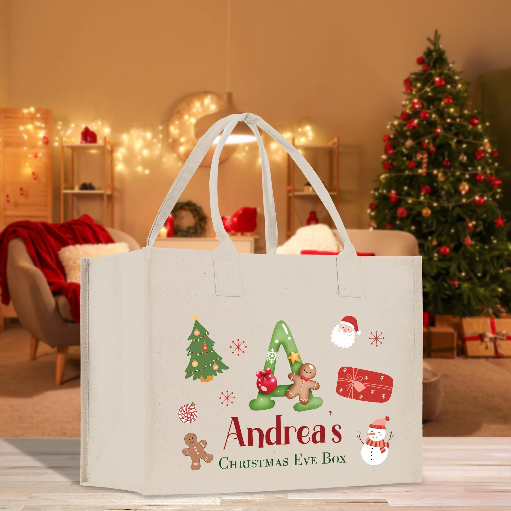 Personalized Name Christmas Cotton Canvas Large Tote Bag Custom Merry Christmas Gift Bag Xmas Party Bag Xmas Eve Gift Holiday Gift (CT1031)