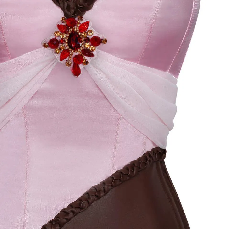 Pink Satin Corset with Faux Leather Braided Trim