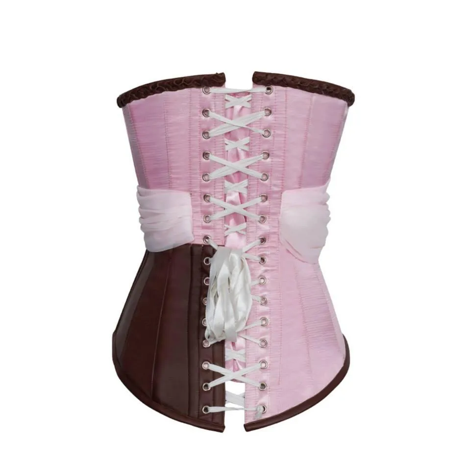 Pink Satin Corset with Faux Leather Braided Trim