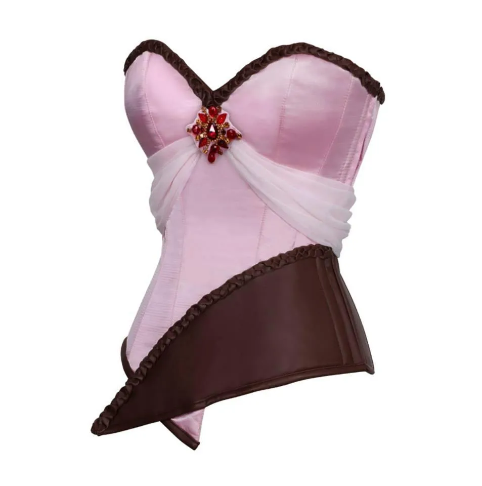 Pink Satin Corset with Faux Leather Braided Trim