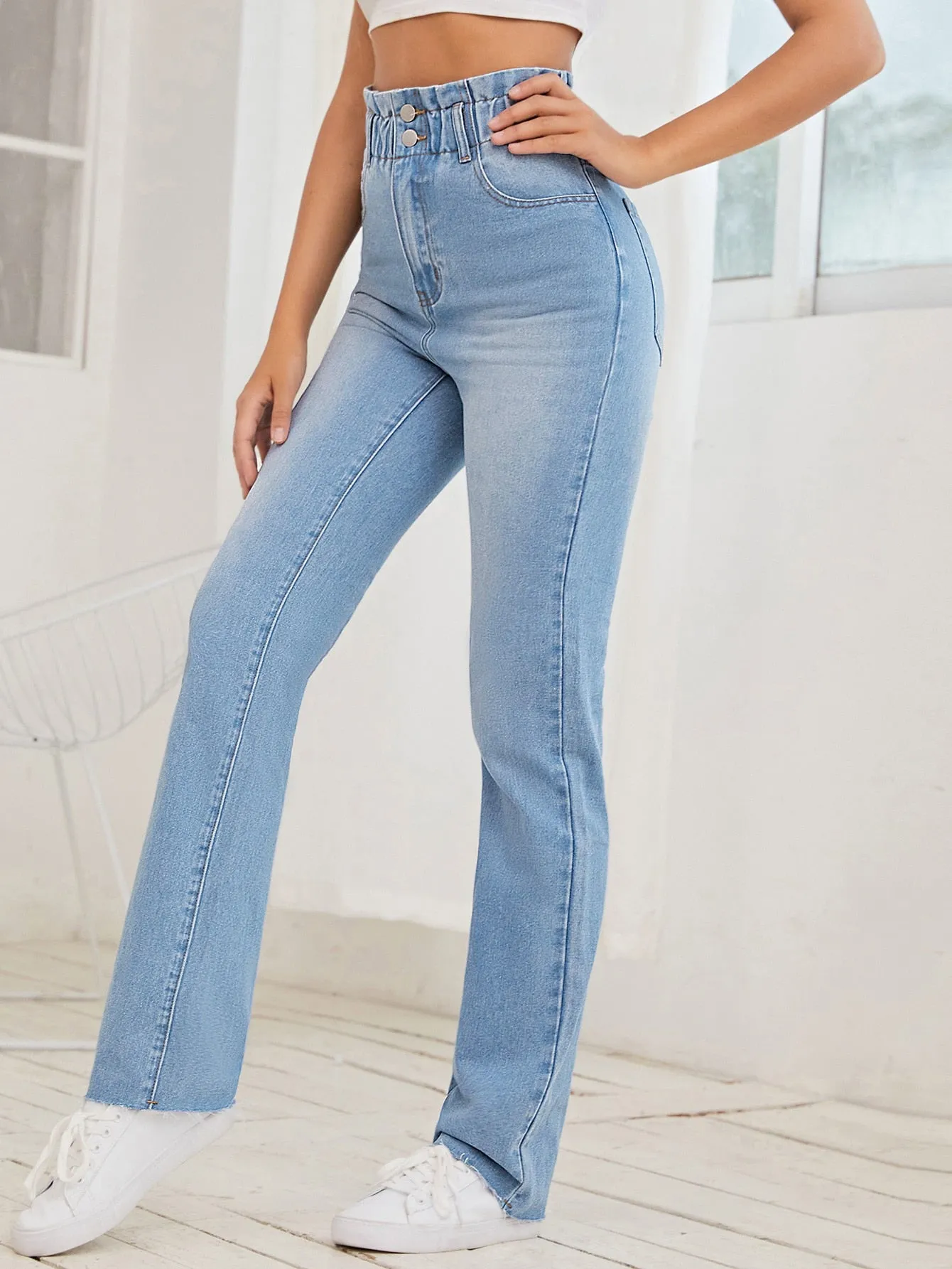 Plain Paper Bag Waist High Waist Long Women Jeans