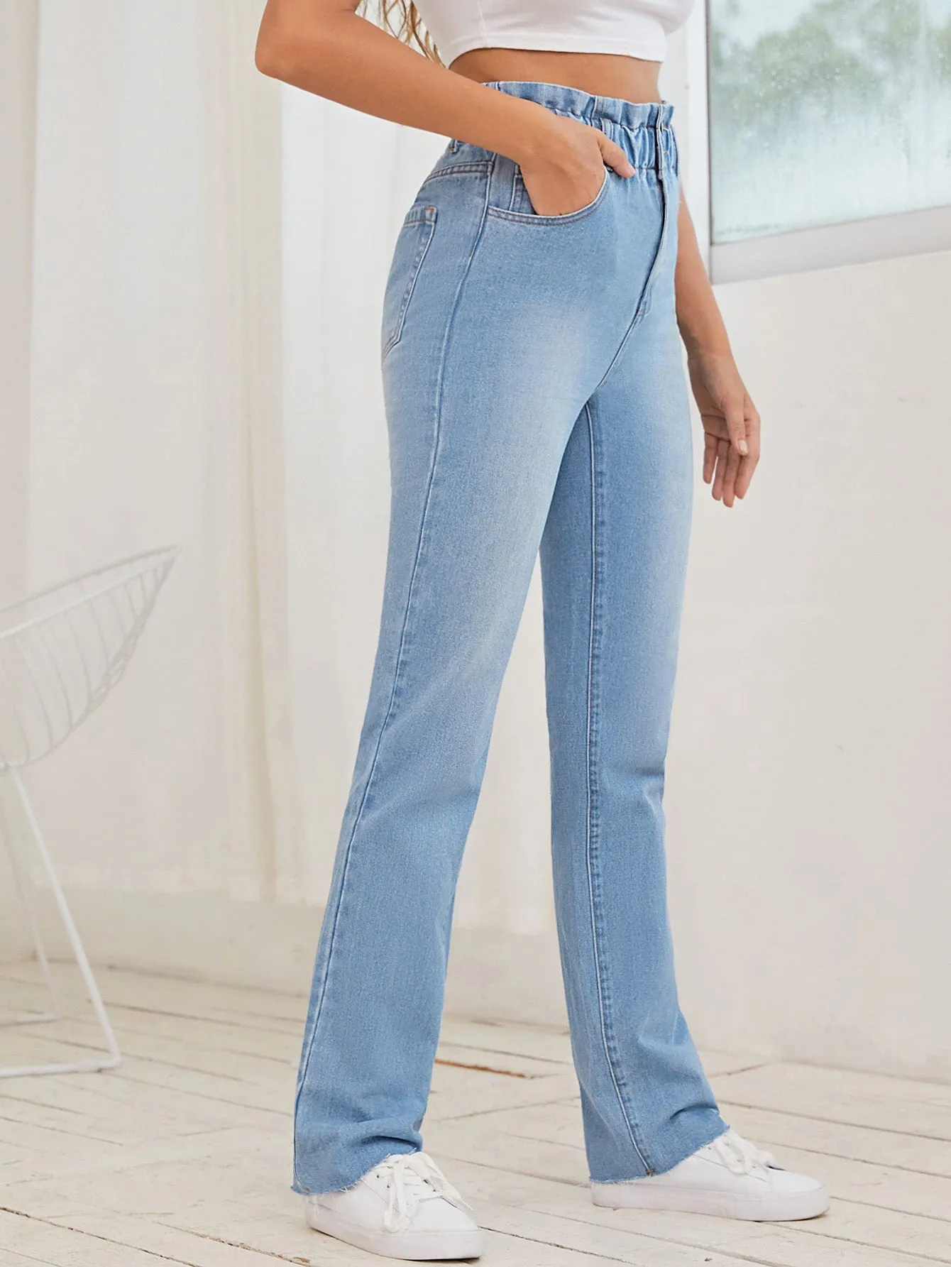 Plain Paper Bag Waist High Waist Long Women Jeans