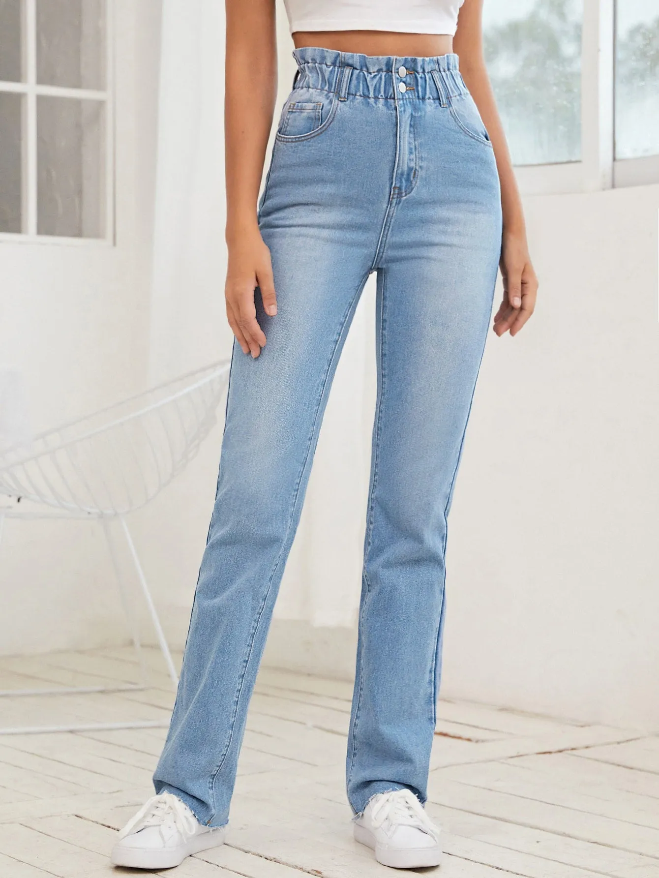 Plain Paper Bag Waist High Waist Long Women Jeans