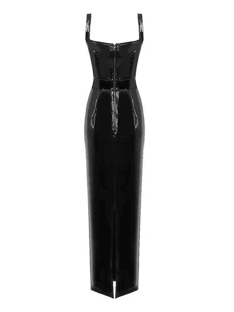 Pre Order:  Black Faux Leather Sleeveless Dress