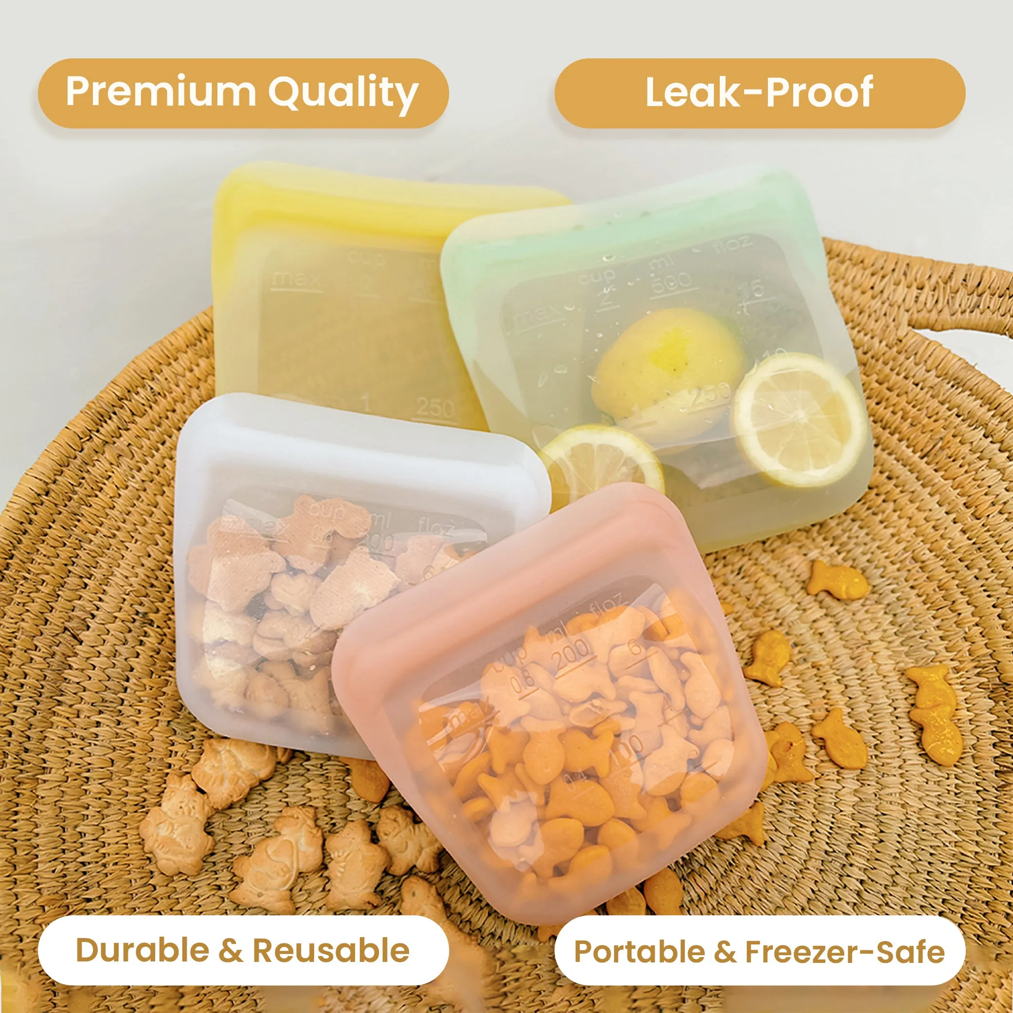 purifyou Reusable Silicone Storage Snack Bags 6oz / 16oz / 32oz / 64oz Self-Seal Food Storage Container for Fruits, Vegetables, Sandwiches, Dishwasher Safe & Leak-free