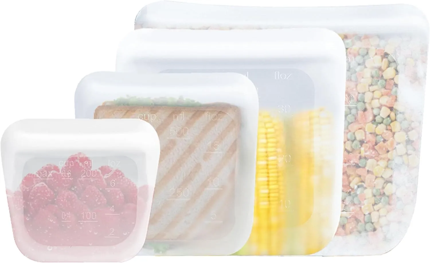 purifyou Reusable Silicone Storage Snack Bags 6oz / 16oz / 32oz / 64oz Self-Seal Food Storage Container for Fruits, Vegetables, Sandwiches, Dishwasher Safe & Leak-free