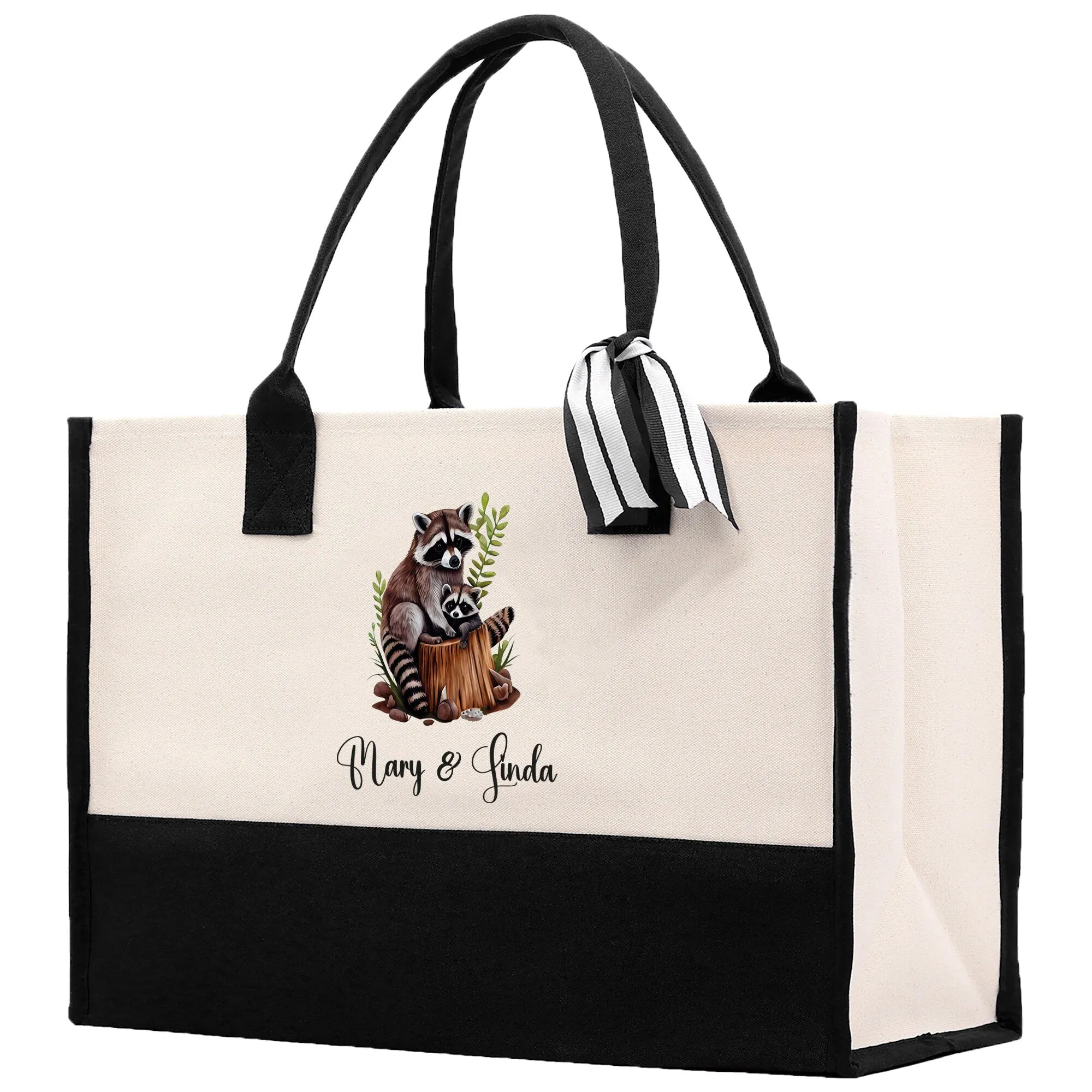 Raccoon Mom And Baby Name Custom Cotton Canvas Tote Bag Custom Pet Lover Gift Pet Portrait Bag Personalized Pet Owner Gift Tote Bag