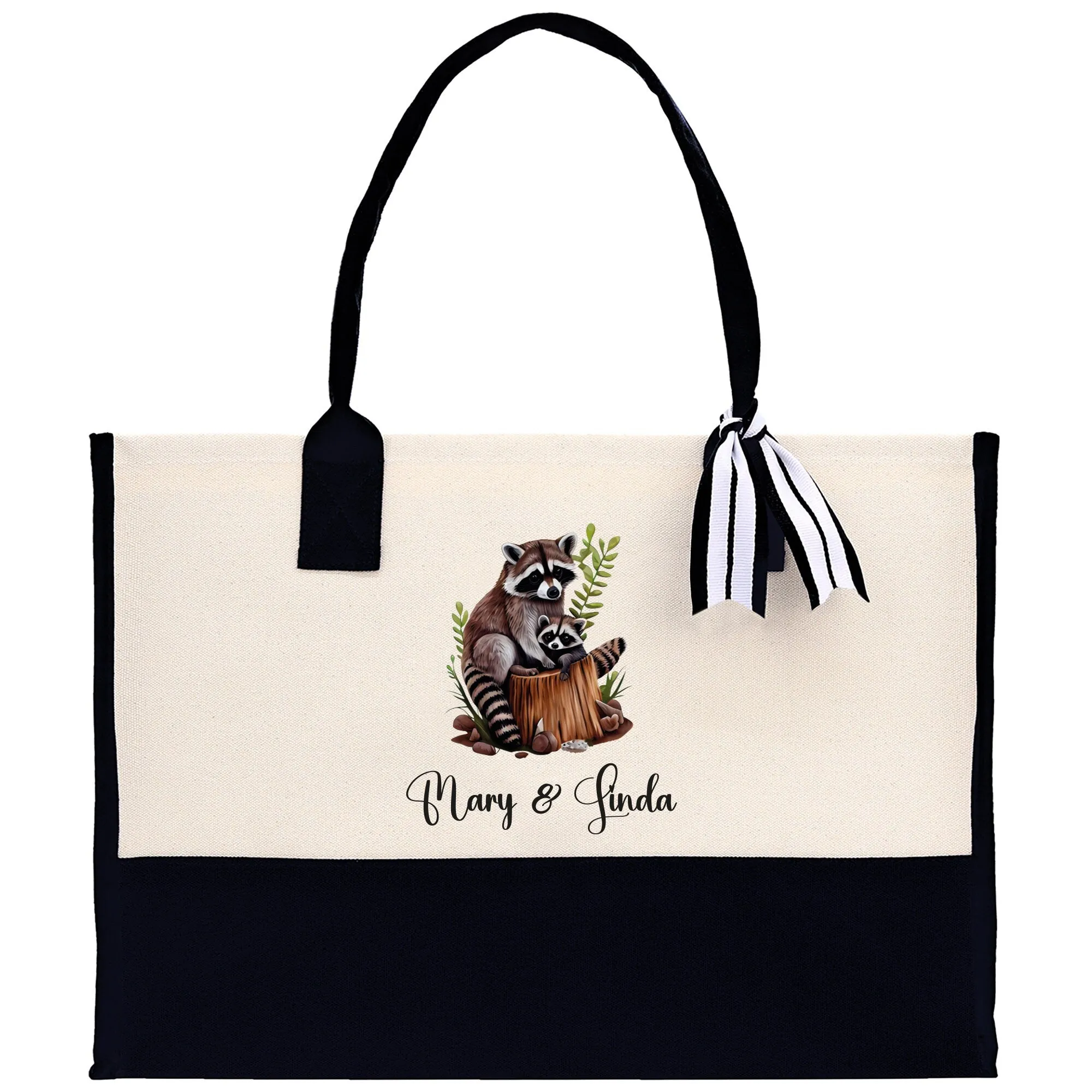 Raccoon Mom And Baby Name Custom Cotton Canvas Tote Bag Custom Pet Lover Gift Pet Portrait Bag Personalized Pet Owner Gift Tote Bag