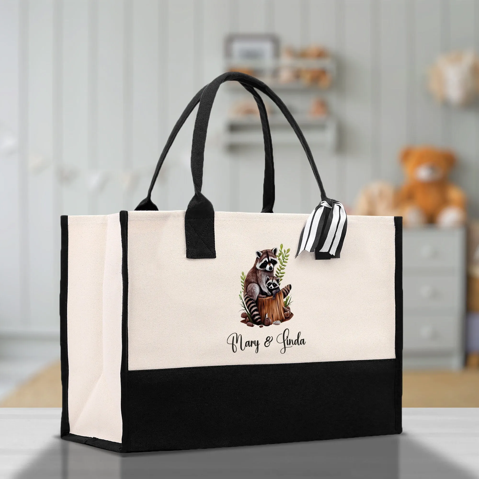 Raccoon Mom And Baby Name Custom Cotton Canvas Tote Bag Custom Pet Lover Gift Pet Portrait Bag Personalized Pet Owner Gift Tote Bag