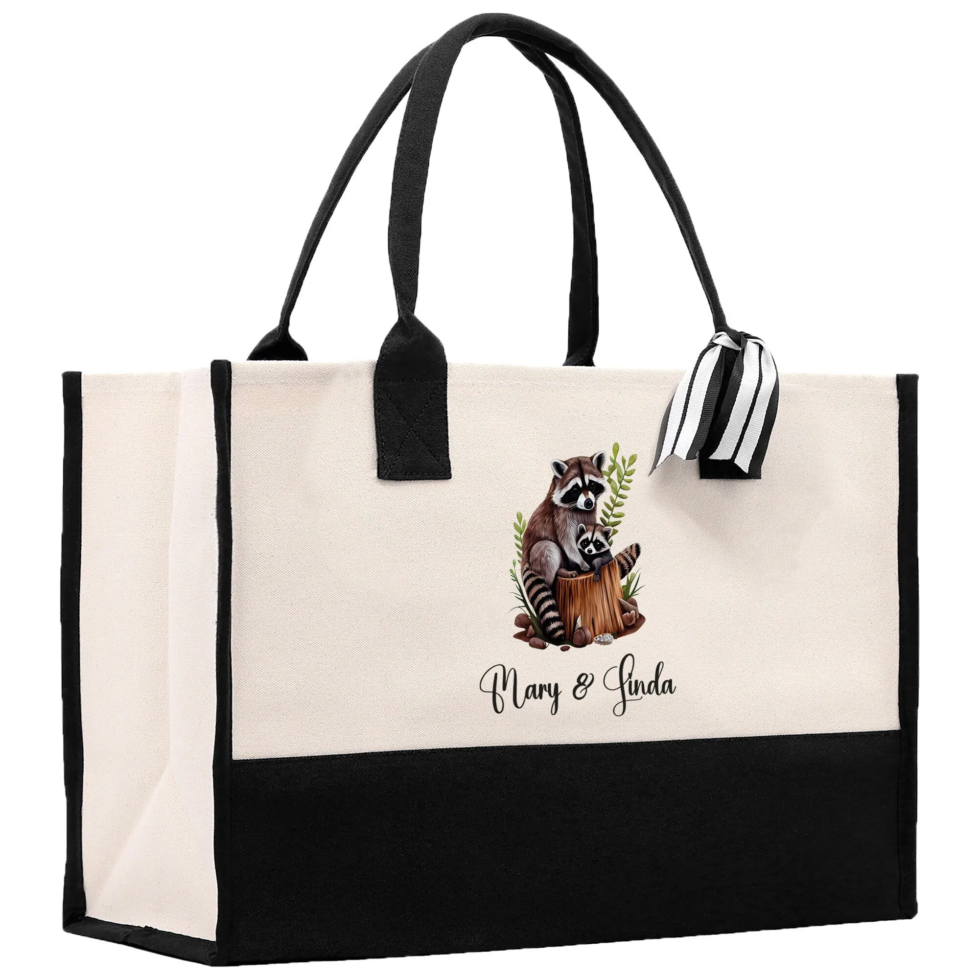 Raccoon Mom And Baby Name Custom Cotton Canvas Tote Bag Custom Pet Lover Gift Pet Portrait Bag Personalized Pet Owner Gift Tote Bag