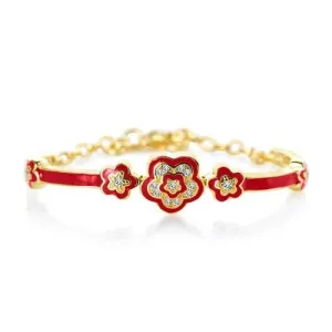 Red Flower Crystal Yellow Gold Plating Girl's Adjustable Bangle Bracelet