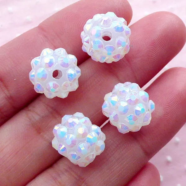 Rhinestone Acrylic Ball Beads (4pcs / 12mm / AB White) Plastic Bead Pave Beads Disco Bead Round Beads Loose Bead Necklace Bracelet CHM2007