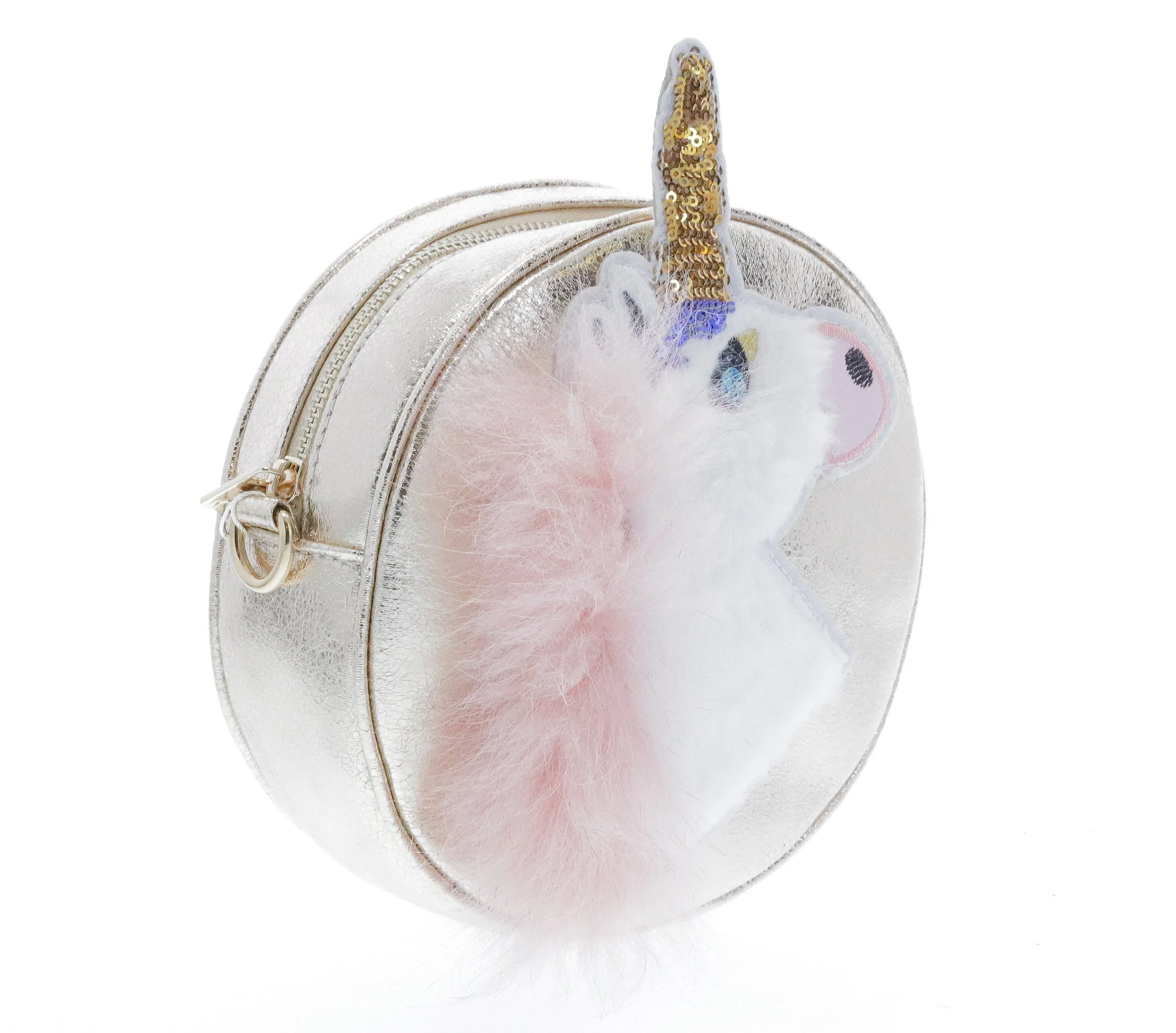 Round Shaped Unicorn Head w/ Fur Cross Body - Gold