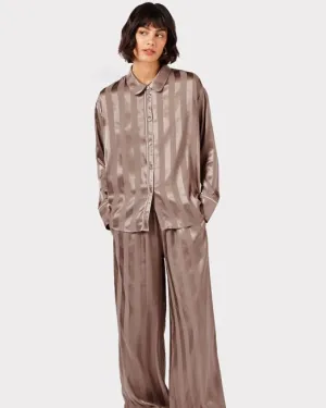 Satin Beige Jacquard Stripe Long Pj Set