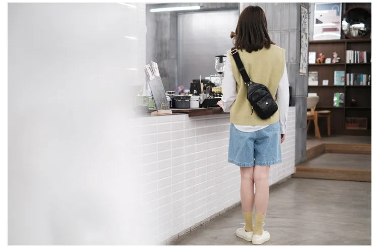 Small Genuine Leather Chest Bag Sling Backpack For Ladies