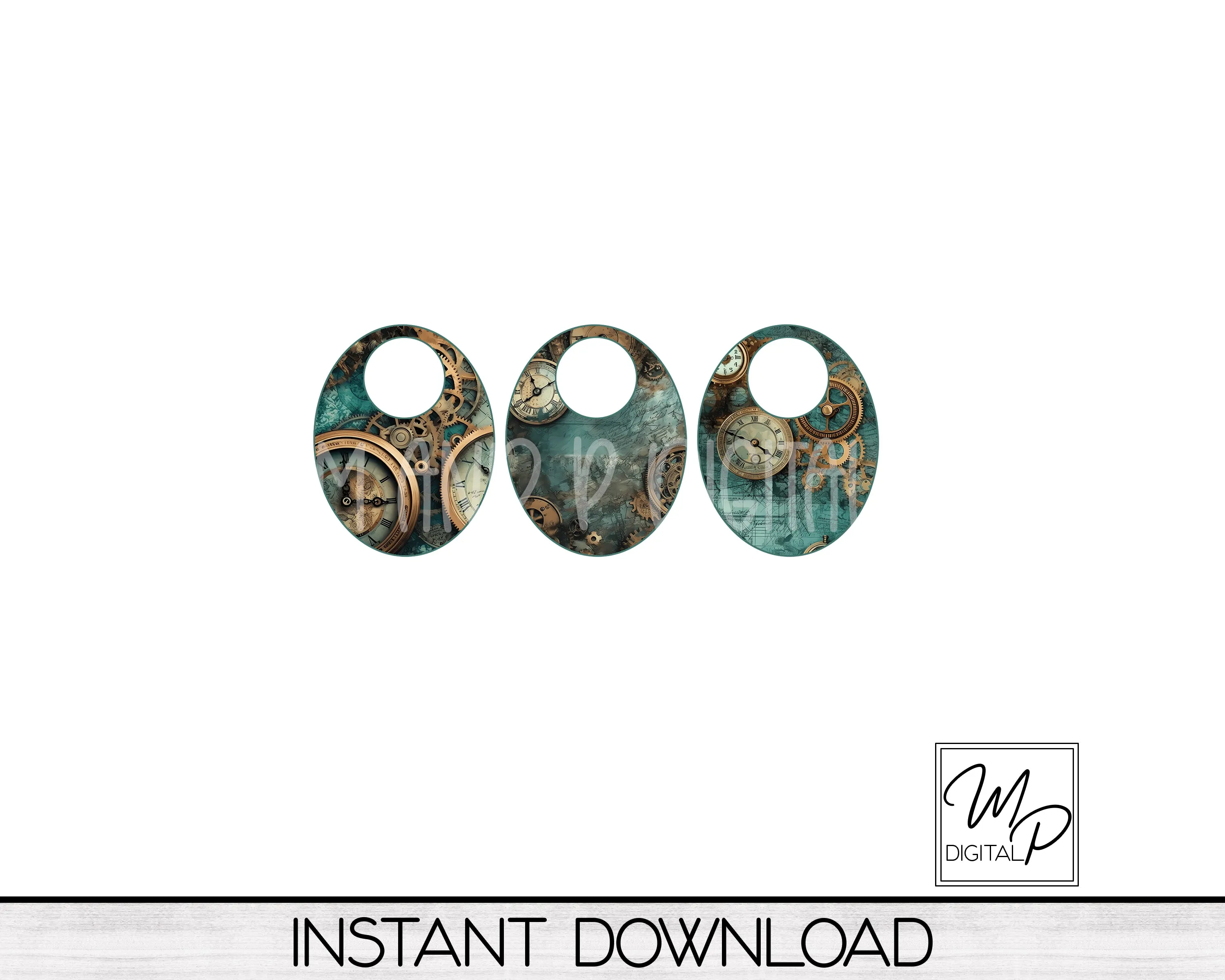 Steampunk Oval Earring with Leather Hoop PNG Design Bundle for Sublimation, Digital Download