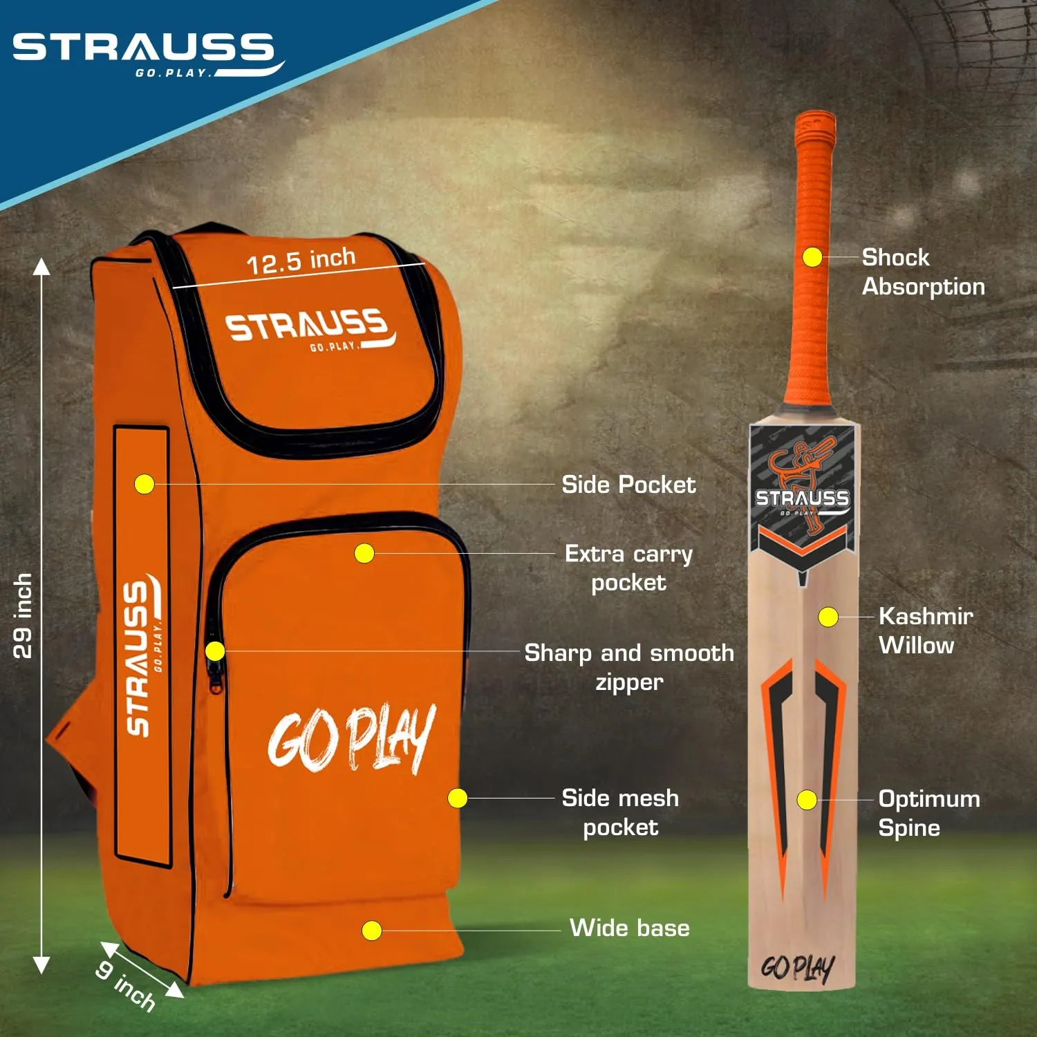 Strauss Kashmir Willow Right Hand Leather Cricket Kit | Size: Full Size | Ideal for Age 13  | Cricket Accessories for Boys | for Training & Matches | Set of 9 | includes Leather Cricket Ball,(Orange)