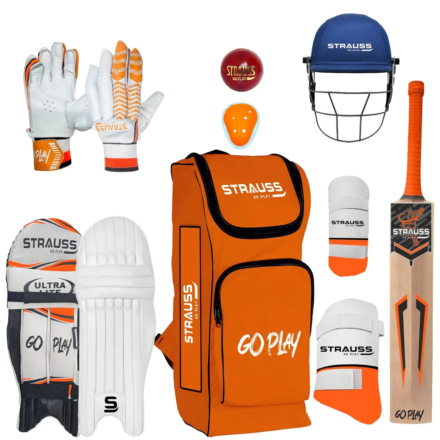 Strauss Kashmir Willow Right Hand Leather Cricket Kit | Size: Full Size | Ideal for Age 13  | Cricket Accessories for Boys | for Training & Matches | Set of 9 | includes Leather Cricket Ball,(Orange)